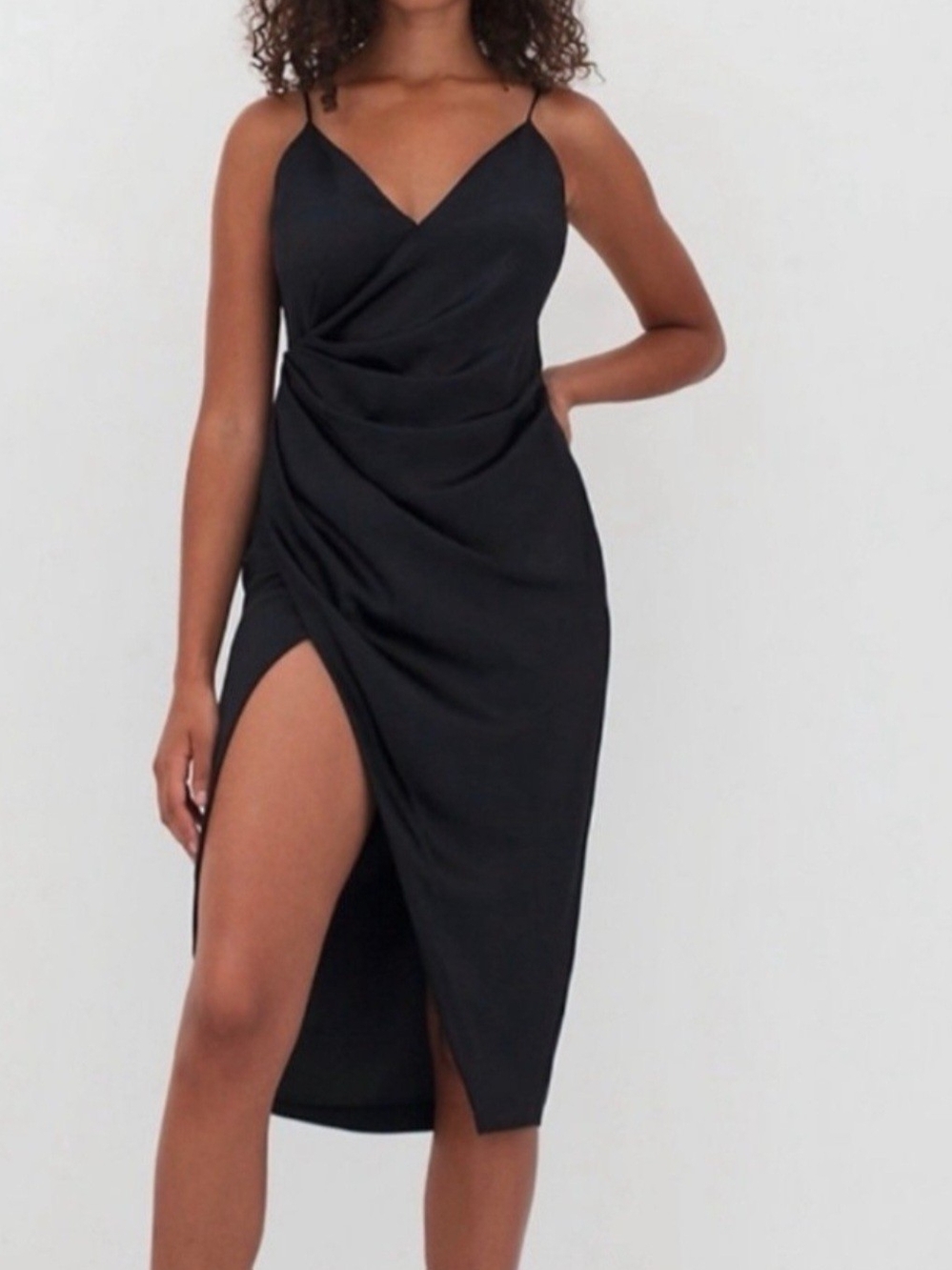 Babaton Black Draped Midi Slip Dress with Side Slit